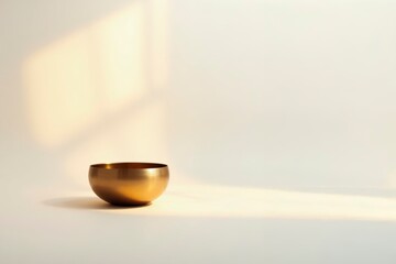 Small Tibetan bronze bowl in a bright, Zen-like setting with copy space.
