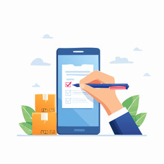 Fototapeta premium Hand Checking Checklist On Smartphone With Boxes