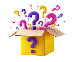 Open box filled with colorful question marks