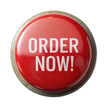 Prominent red circular button with bold white text order now! symbolizing urgency and action transparent background