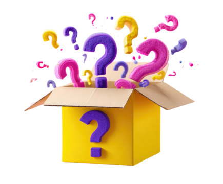 Open box filled with colorful question marks