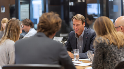 Business professionals in a breakout session at a buiness conference, discussig niche topics in a small eeting room with an informl, collaborative atmospher.