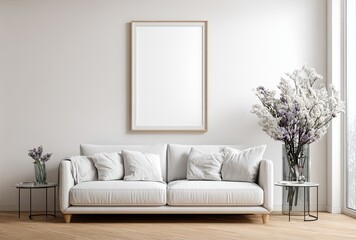 Modern minimalist living room with a blank poster