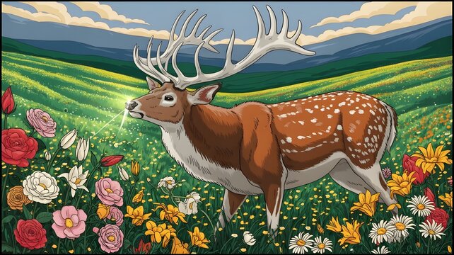Majestic deer digital painting, white antlers glowing, surreal meadow, colorful flowers, roses, lilies, daisies, elegant wildlife, sunlight, dreamlike landscape, fantasy nature art