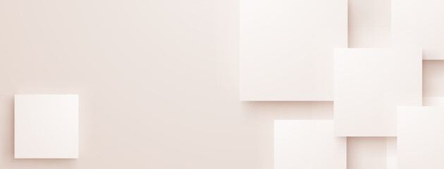 White geometric shapes on beige, abstract background with soft shadows.