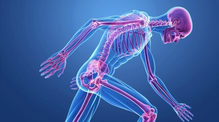 3d x ray illustration of a walking man experiencing knee joint pain against a blue background