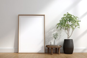 Minimalist interior scene with a blank frame, plant, and table