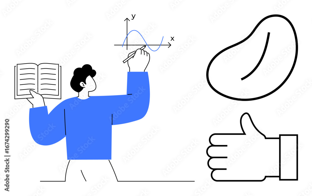 Poster person analyzing a graph with an open book, alongside abstract icons of a bean shape and thumb gestu