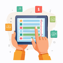 Hands Using Tablet With Checklist App