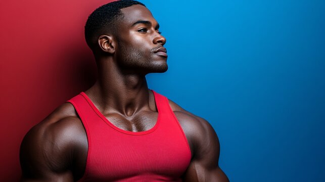 confident athletic man in red tank top against blue and red backgrounds