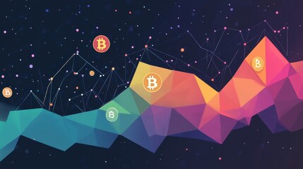 Abstract polygonal landscape representing cryptocurrency growth and network connections.