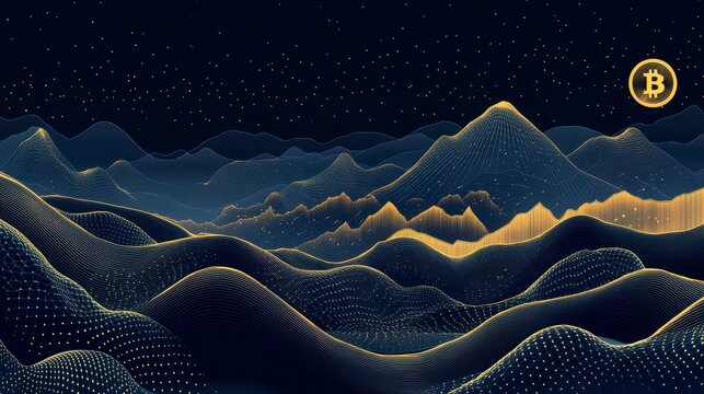 Abstract digital landscape with golden peaks and Bitcoin symbol, representing cryptocurrency market fluctuations. - Powered by Adobe