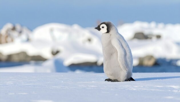 Baby penguin on snowy landscape