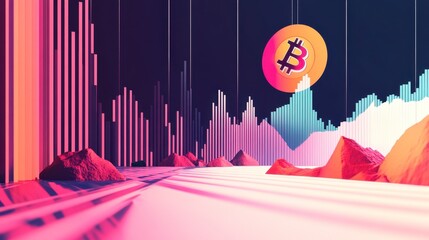 Abstract Bitcoin cryptocurrency market landscape with stylized mountains and vibrant color bars graph.
