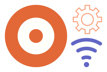 Target in orange, gear outline, and blue wireless signal represent goals, system optimization, and connectivity. Ideal for technology, innovation, networking, strategy efficiency communication