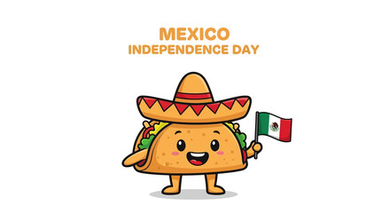 Naklejka premium Cute cartoon taco character wearing a sombrero and holding a Mexican flag, celebrating Mexico's Independence Day.