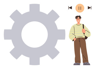 Young man wearing casual clothing and carrying a bag stands near a large gear shape and media playback controls. Ideal for technology, education, career planning, process, progress, innovation