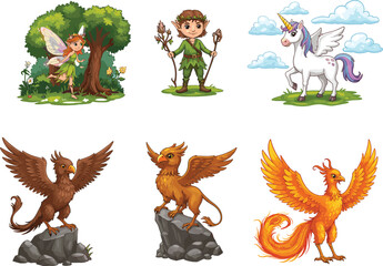 Magical fantasy creature collection, fairy, elf, unicorn, griffin, phoenix, cartoon character set, flat vector illustration for storytelling art