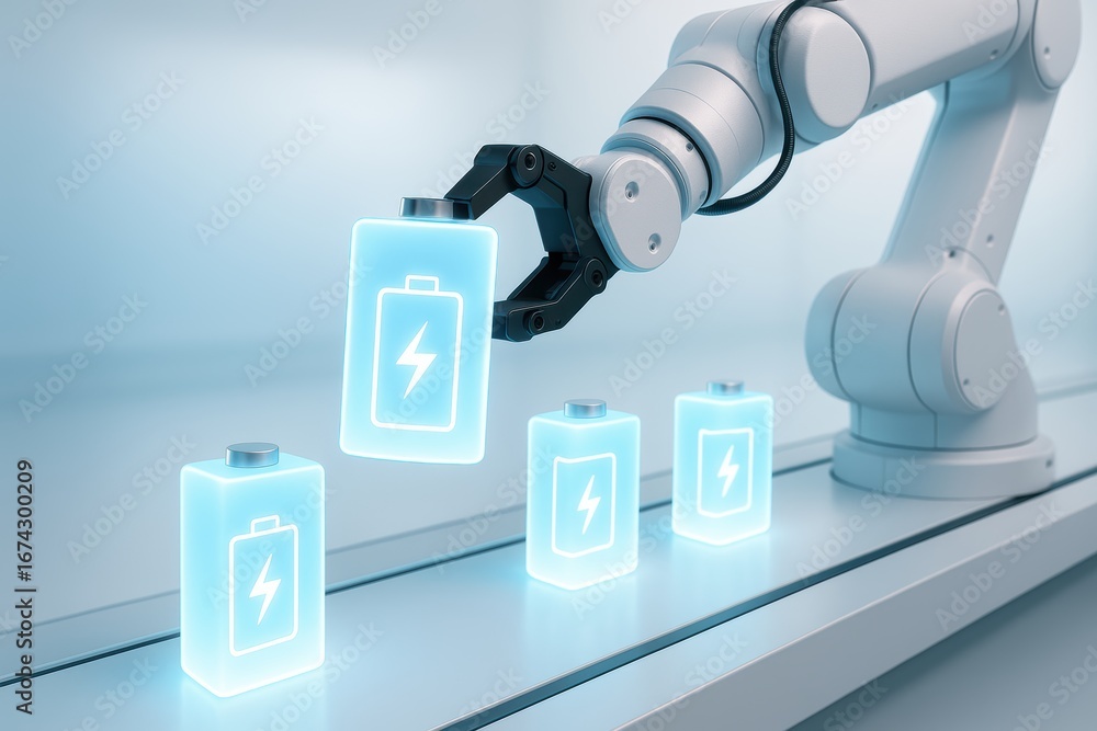 Poster robotic precision in manufacturing: a robotic arm meticulously handles a row of glowing battery comp