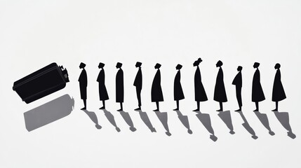 A conceptual shadow art depicting a line of people highlighting social themes and societal commentary.