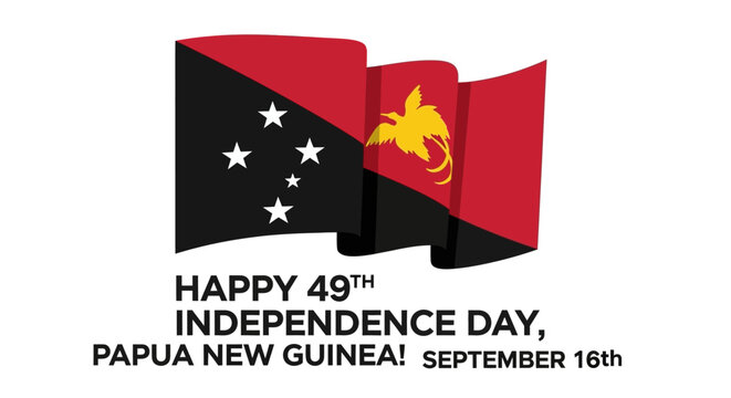 Papua New Guinea's flag waving with text "Happy 49th Independence Day, Papua New Guinea! September 16th" on a white background.