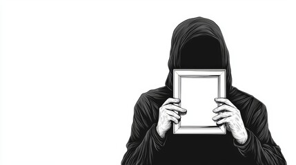 A mysterious figure cloaked in black holds an empty frame, symbolizing anonymity and the search for identity.