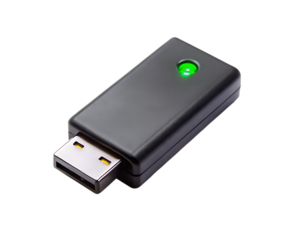 Compact black usb card reader with glowing green indicator light for data transfer transparent background