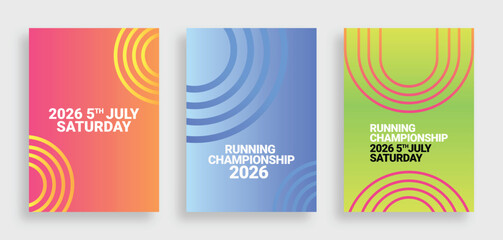 Gradient sports event poster template with abstract athletic running track line vector design, modern competition flyer layout for marathon, race and fitness