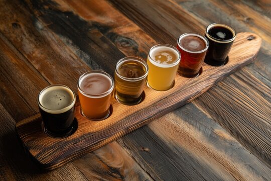 Craft beer tasting experience featuring six different beer styles on a rustic wooden flight at a local brewery