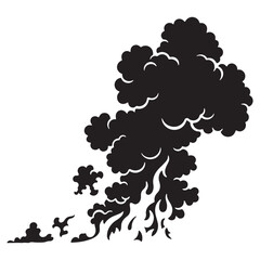 Black abstract explosion illustration with flames and smoke billowing upwards in a dramatic, dynamic, and energetic visual representation of destructive power and chaos