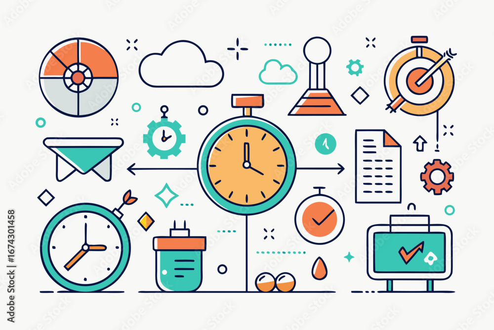 Poster achieve goals with precision and efficiency, visualizing project management, time tracking, and stra