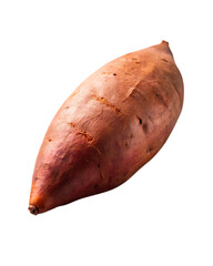 Single uncooked sweet potato with reddish-brown skin against a transparent background