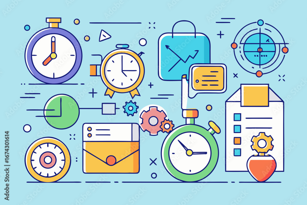 Poster mastering business efficiency with strategic planning and time management tools, optimizing producti