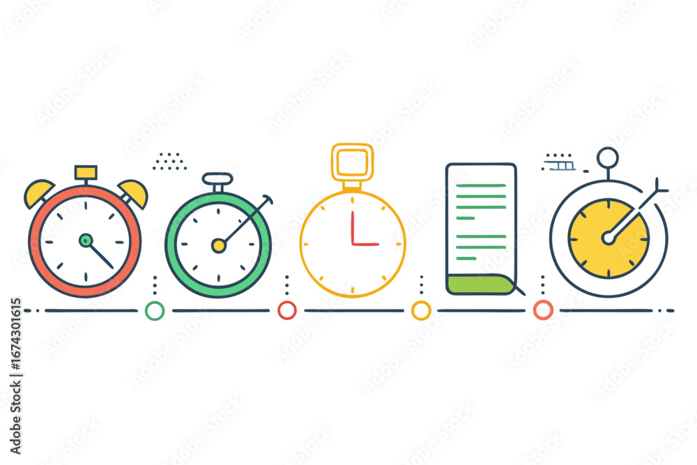 Poster mastering deadlines and schedules with modern time management icons showcasing progress and punctual