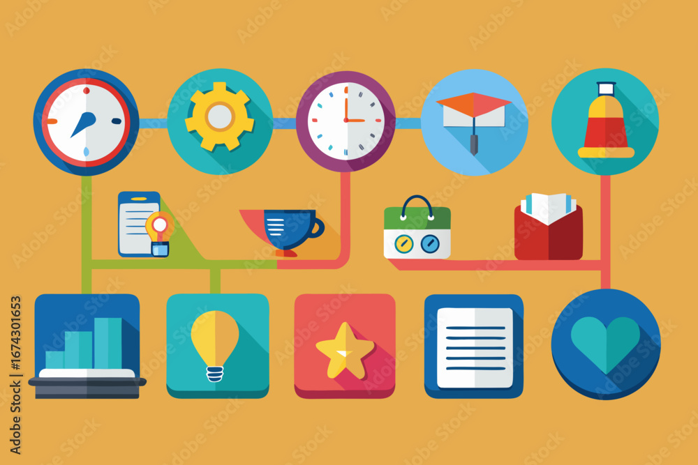 Poster visualize innovative business strategies and workflow processes with dynamic icons representing prog