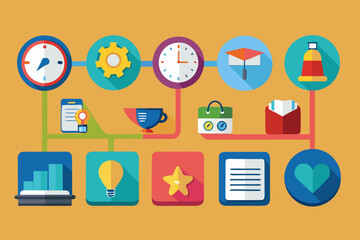 Visualize innovative business strategies and workflow processes with dynamic icons representing progress, ideas, time, and success in a modern, professional infographic style.