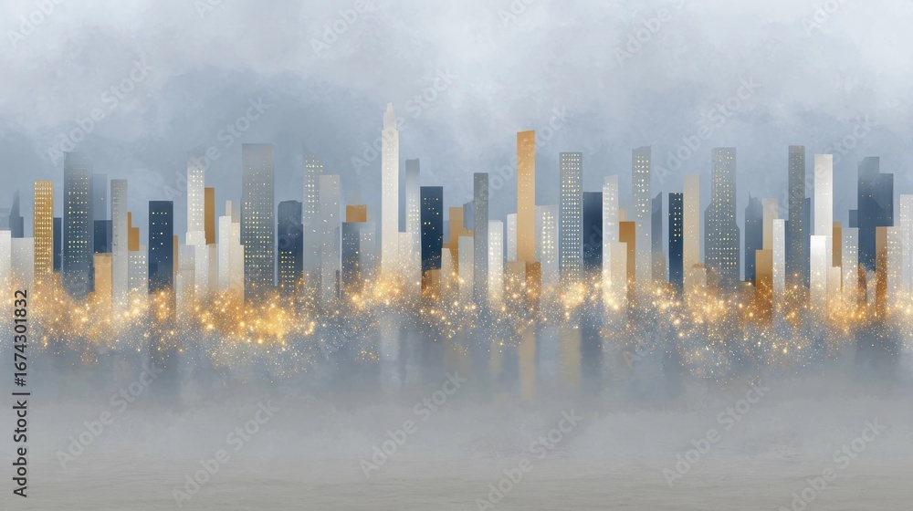 Poster digital dashboard with global stock charts and updown arrows over a cityscape illustration for finan