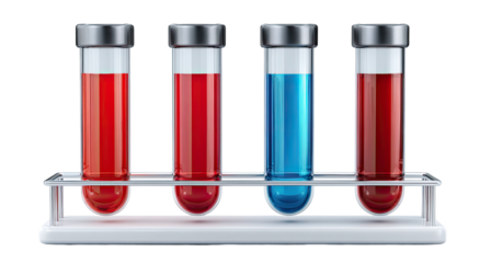 Three red and one blue test tubes in a rack