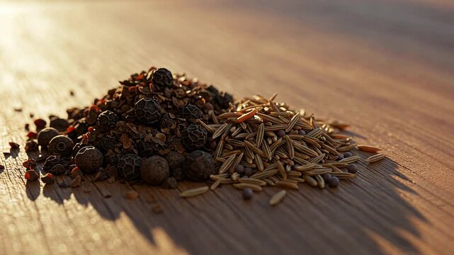 Spice Duo: Black Peppercorns and Cumin Seeds on Wood