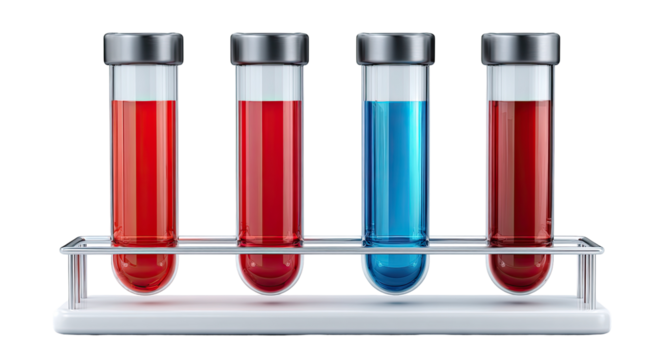 Three red and one blue test tubes in a rack