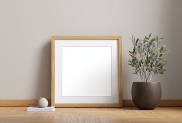Empty square frame on light wood floor, minimalist
