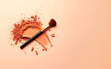 Makeup brush on a powder foundation base in brown tones and highly textured, with copy space.