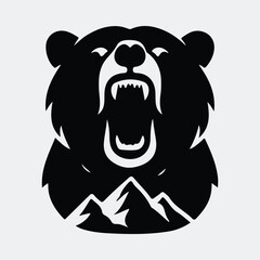 Silhouette aggressive bear with mountain logo design vector illustration