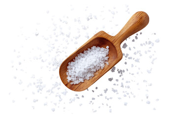 Wooden salt scoop filled with crystals, scattered salt