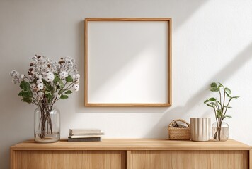 Light-filled room with wooden furniture and a framed print