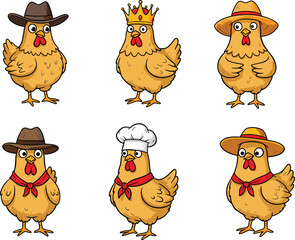 Funny chicken cartoon illustration wearing different hats, farm animal character design, poultry vector artwork, humorous rooster drawing, cute mascot, creative decoration