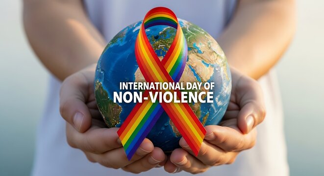 Hands holding a globe with a rainbow ribbon, symbolizing International Day of Non-Violence.
