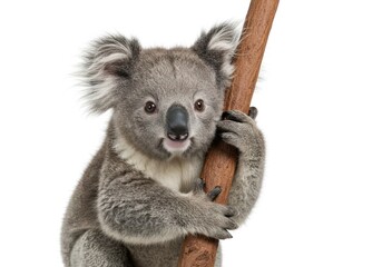 Naklejka premium Cute Gray Koala Clinging to Tree Branch in White Background