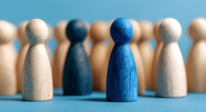 Find your uniqueness: staning out from the crowd wit wooden figures and blue lader concept