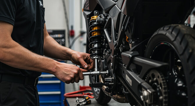 Mechanic working on motorcycle suspension with wrench in workshop  